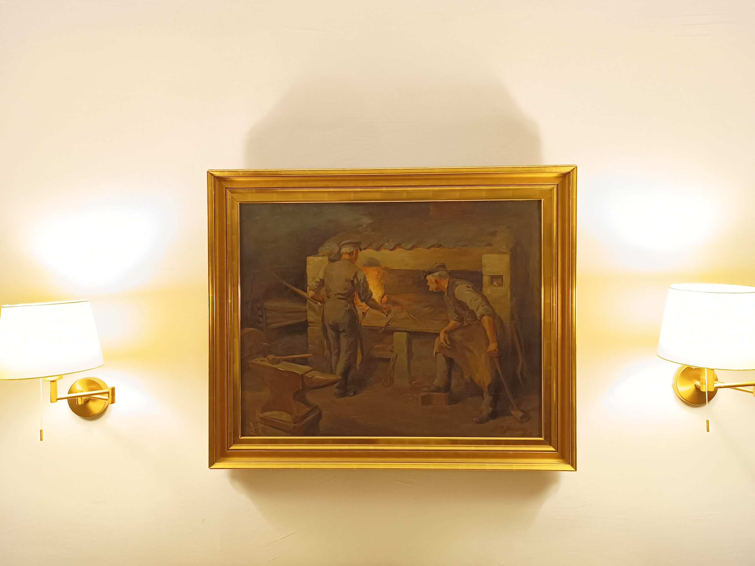 Obraz olejny na plotnie, 108x89 , 1913 r. ''Kuźnia'' sygnowany, antyk - obrazek 2