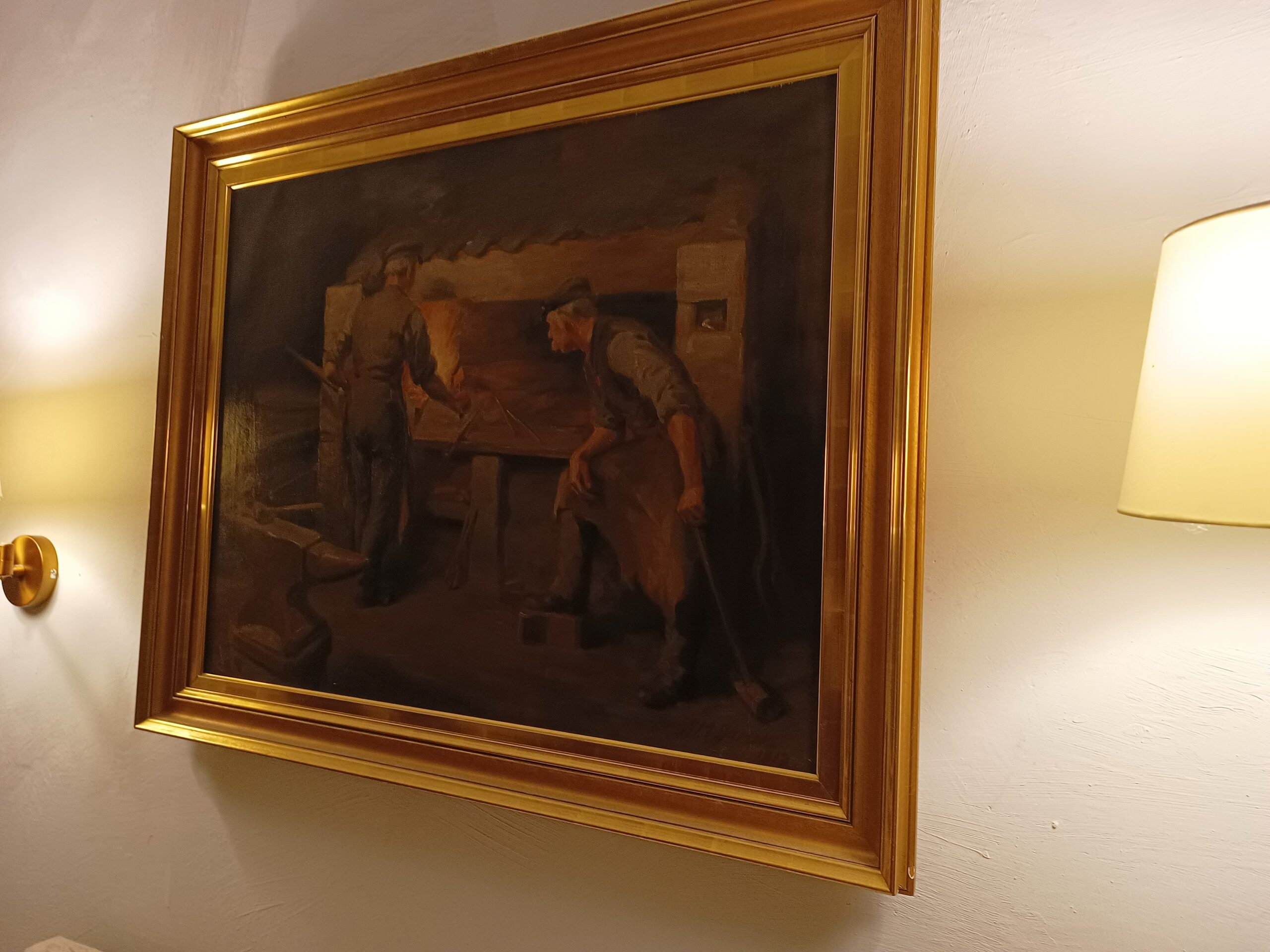 Obraz olejny na plotnie, 108x89 , 1913 r. ''Kuźnia'' sygnowany, antyk - obrazek 3