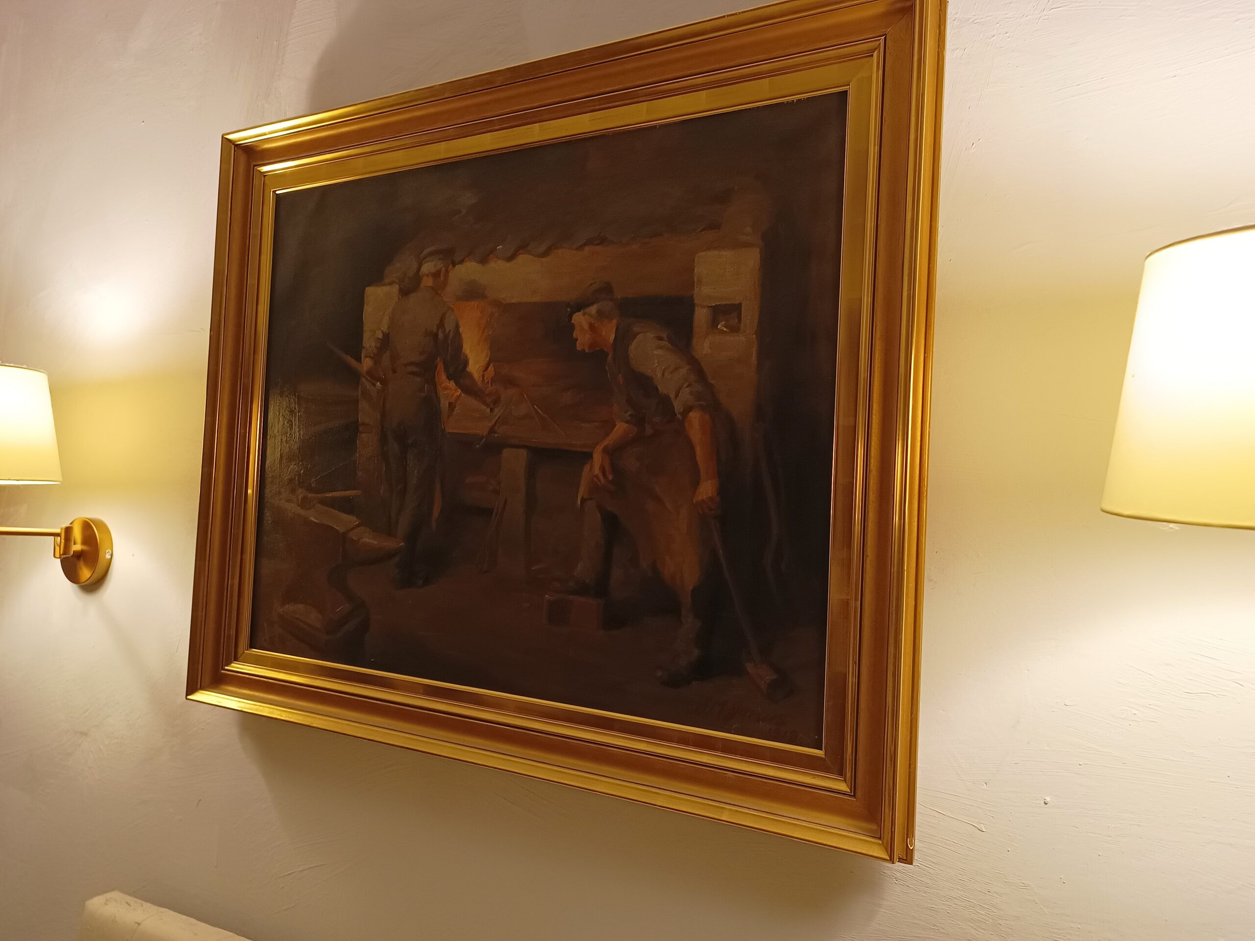 Obraz olejny na plotnie, 108x89 , 1913 r. ''Kuźnia'' sygnowany, antyk - obrazek 4