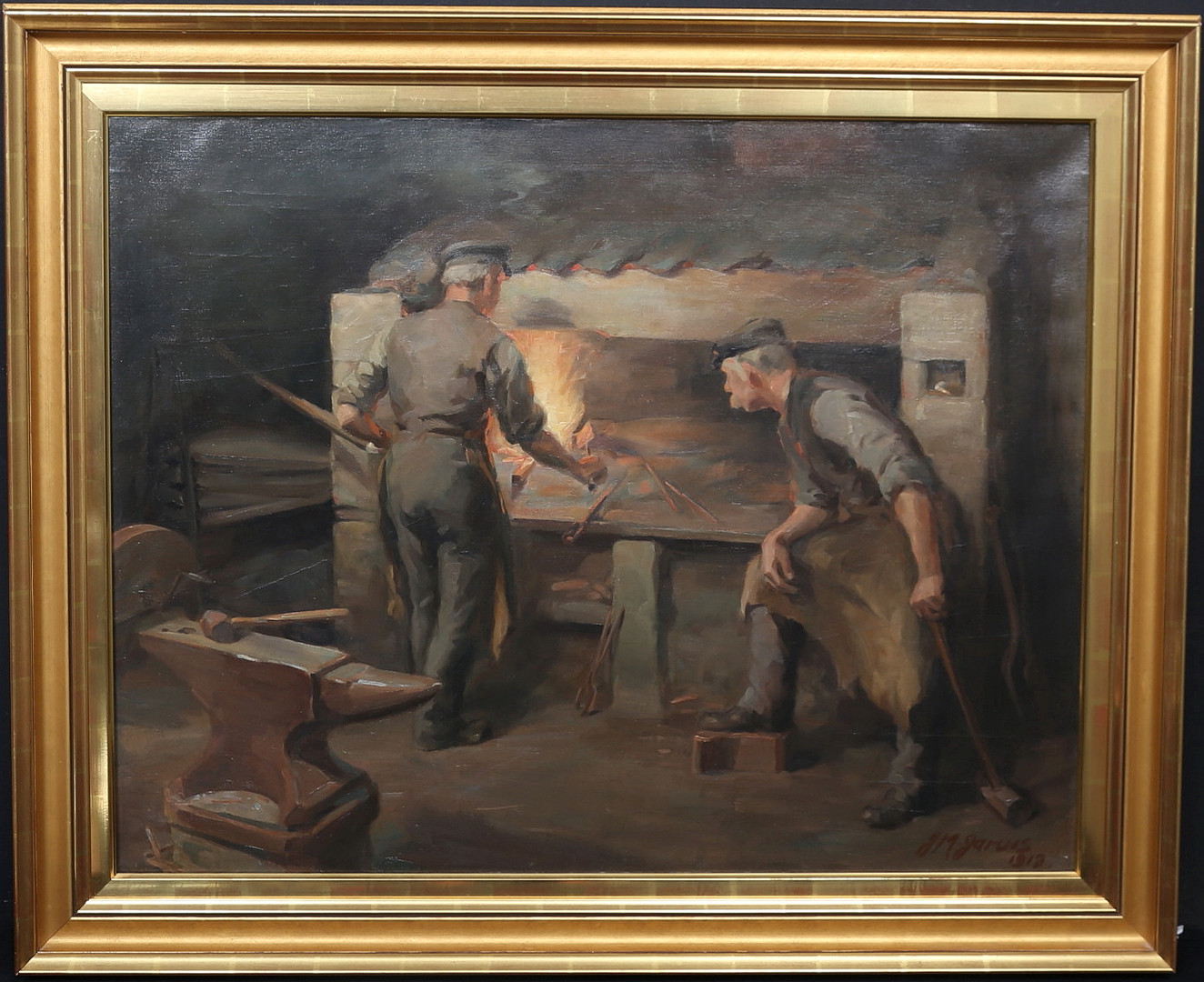 Obraz olejny na plotnie, 108x89 , 1913 r. ''Kuźnia'' sygnowany, antyk - obrazek 6