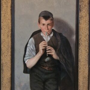 Giullo del Torre [1856-1932] "Chłopiec grający na flecie", wym. 147x91 cm [rama], 117x64 cm [płótno]; wkrótce dostępny w sprzedaży