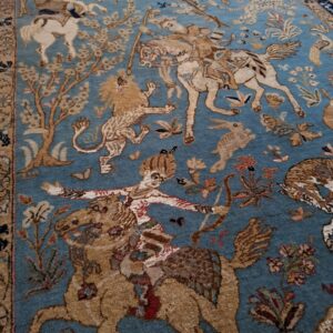 Dywan perski wełniany i jedwabny, semi-antyk lata 50-te XX w., scena polowania, wym. 210x140 cm - wkrótce dostępny w sprzedaży