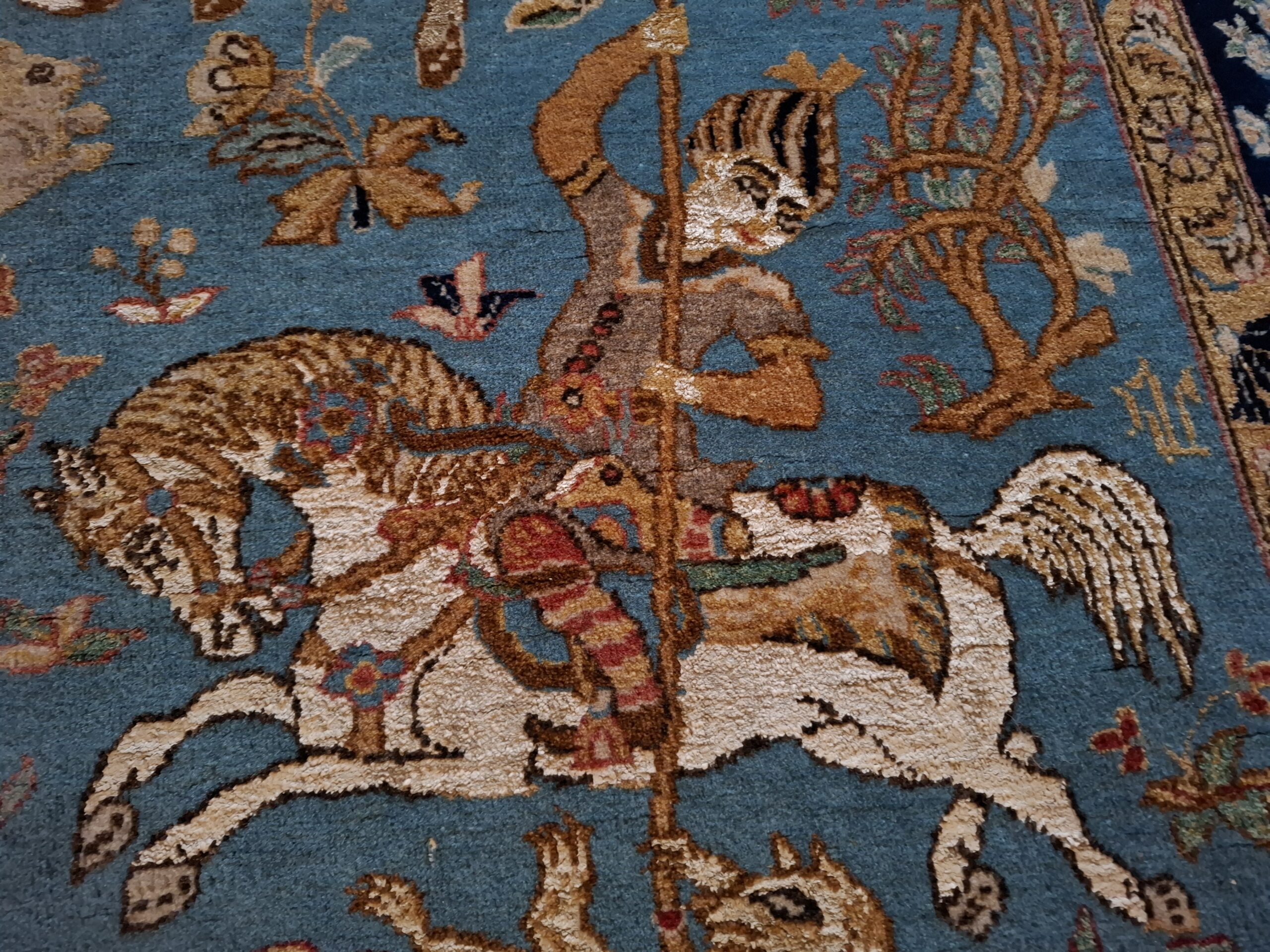 Dywan perski wełniany i jedwabny, semi-antyk lata 50-te XX w., scena polowania, wym. 210x140 cm - wkrótce dostępny w sprzedaży - obrazek 9
