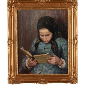 Nikołaj Pietrowicz Bogdanow-Bielski [1868-1945], "Dziewczynka czytająca książkę", obraz olejny na płótnie, 66x54 cm. [rama], ok. 40x50 [płótno], prawdopodobnie kopia